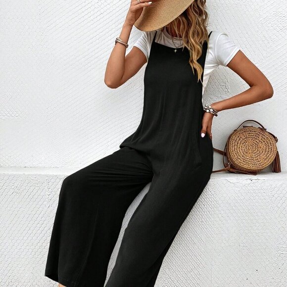 Black Casual Women's Monochrome Overall Jumpsuit - Picture 5 of 6